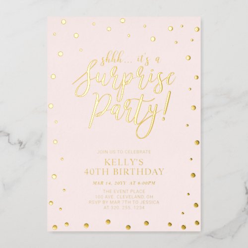 Gold Pink Modern Confetti Surprise Birthday Party Foil Invitation