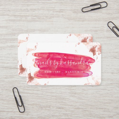 Gold  Pink Nail Polish Brush Stroke  Script Name Business Card