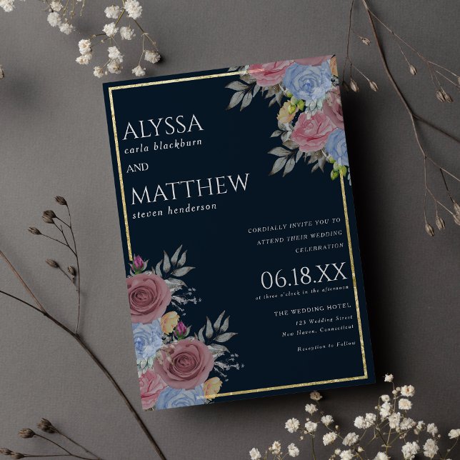 Gold pink navy blue watercolor floral wedding invitation (Gold pink navy blue watercolor floral wedding invitation )