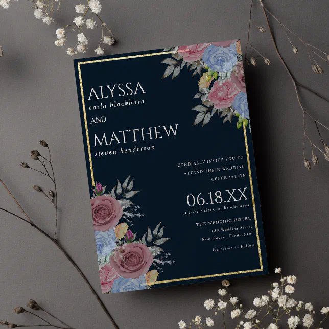 Gold pink navy blue watercolor floral wedding invitation | Zazzle