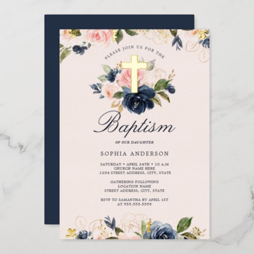 Gold Pink Navy Floral Baptism  Foil Invitation