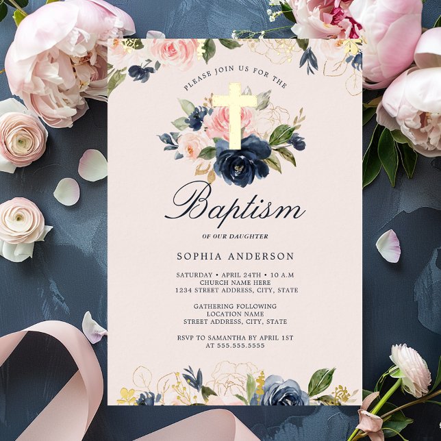 Gold Pink Navy Floral Baptism  Foil Invitation (Creator Uploaded)