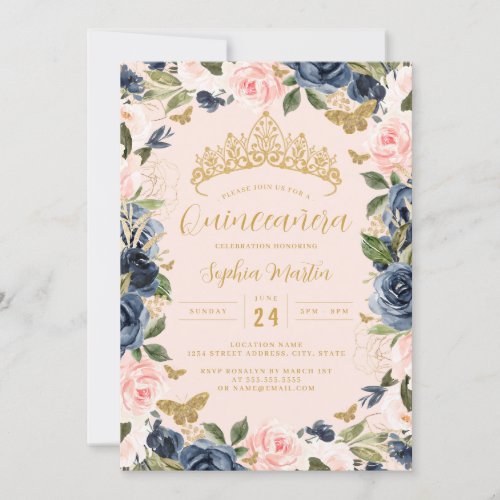 Gold Pink Navy Floral Butterfly Photo Quinceanera  Invitation