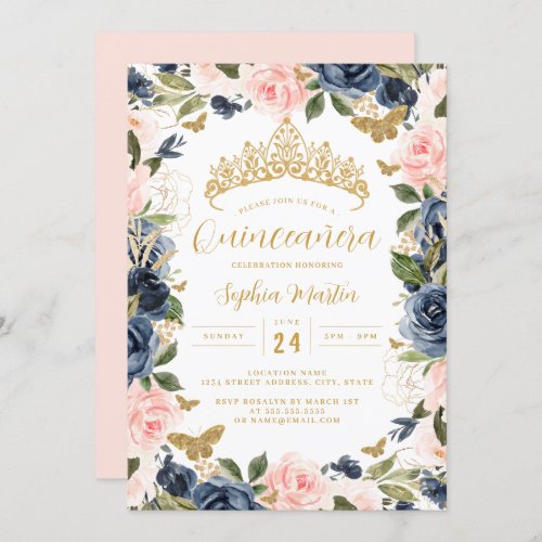 Gold Pink Navy Floral Tiara Butterfly Quinceanera  Invitation
