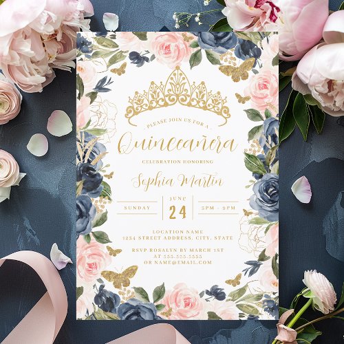 Gold Pink Navy Floral Tiara Butterfly Quinceanera  Invitation