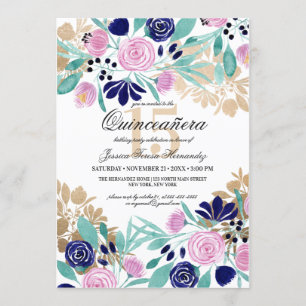 Gold Pink Navy Floral Watercolor Quinceañera Invitation