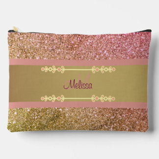 Gold Pink Ombre Glittery Glam Name Monogram Girly Accessory Pouch