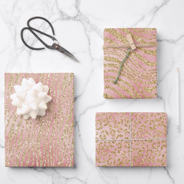Gold Pink Ombre Zebra Leopard       Wrapping Paper Sheets (Front)