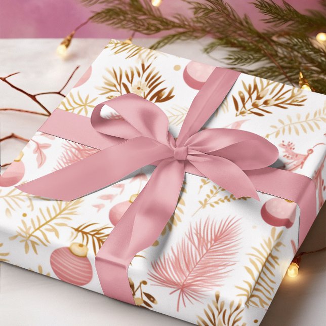 Gold & Pink Ornaments & Greenery Pattern Wrapping Paper (Creator Uploaded)
