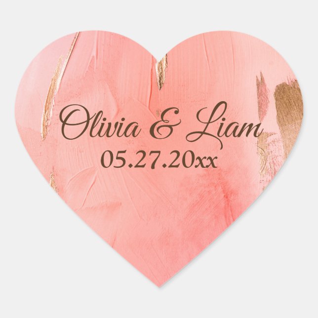 Gold Pink Peach Brown Name Date Elegant Wedding Heart Sticker (Front)