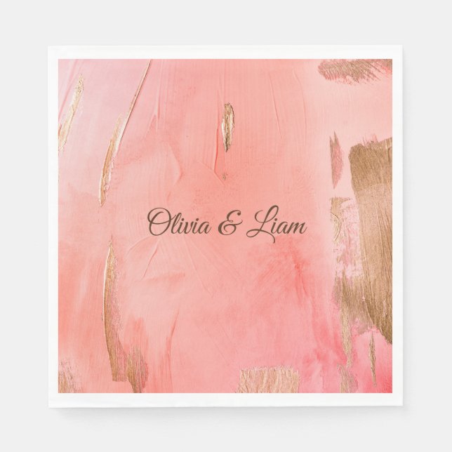 Gold Pink Peach Brown Name Elegant Wedding Napkins (Front)