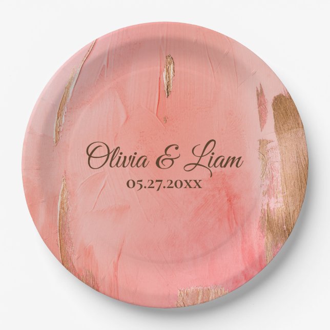 Gold Pink Peach Name Brown Elegant Wedding Paper Plates (Front)