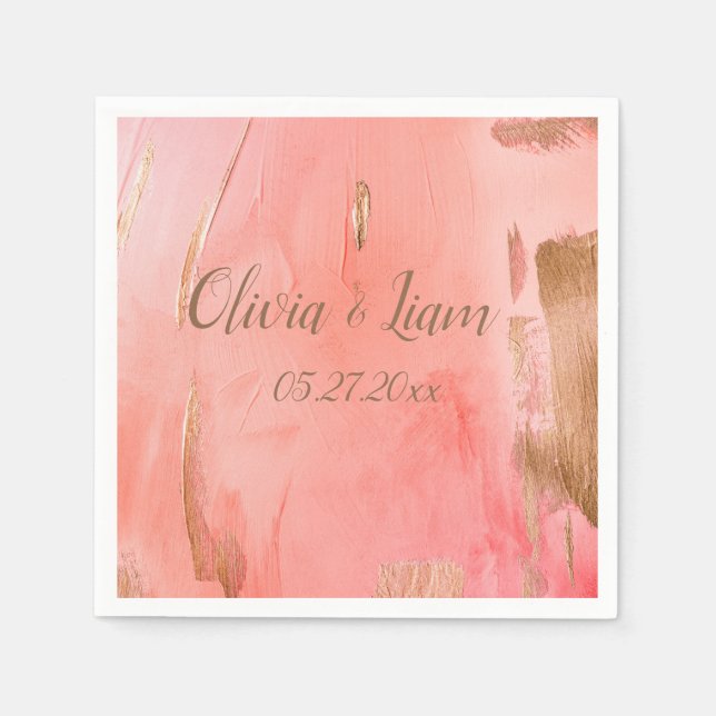 Gold Pink Peach Name Date Elegant Wedding Napkins (Front)