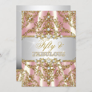 Gold Pink Pearl Damask Fifty and Fabulous Invite