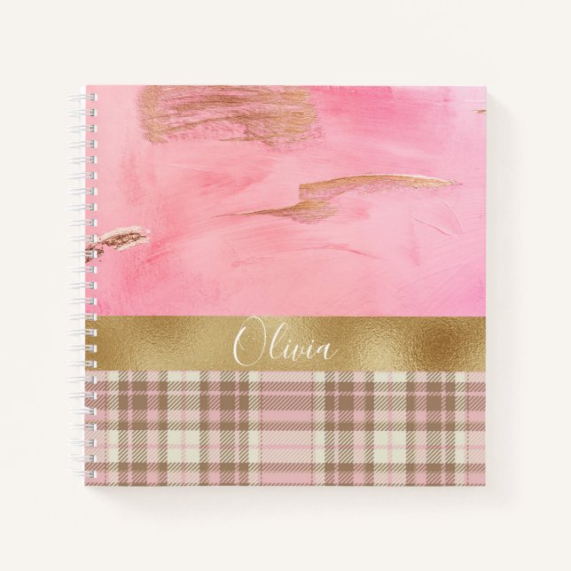 Gold Pink Plaid Abstract Watercolor Name Notebook (Front)
