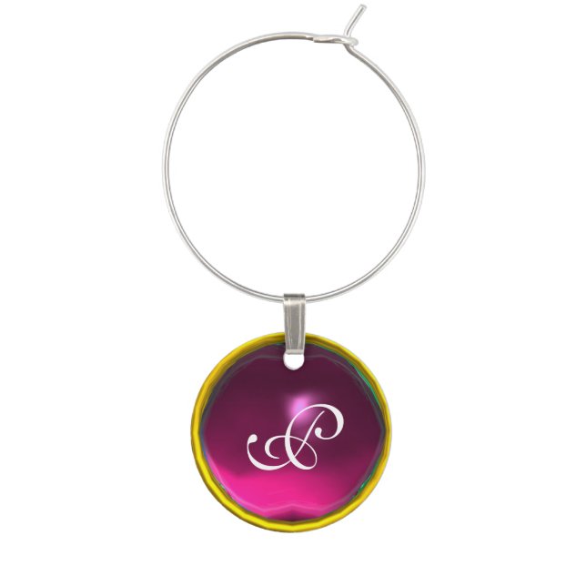 GOLD PINK PURPLE FUCHSIA AMETHYST GEM MONOGRAM WINE GLASS CHARM (Front)
