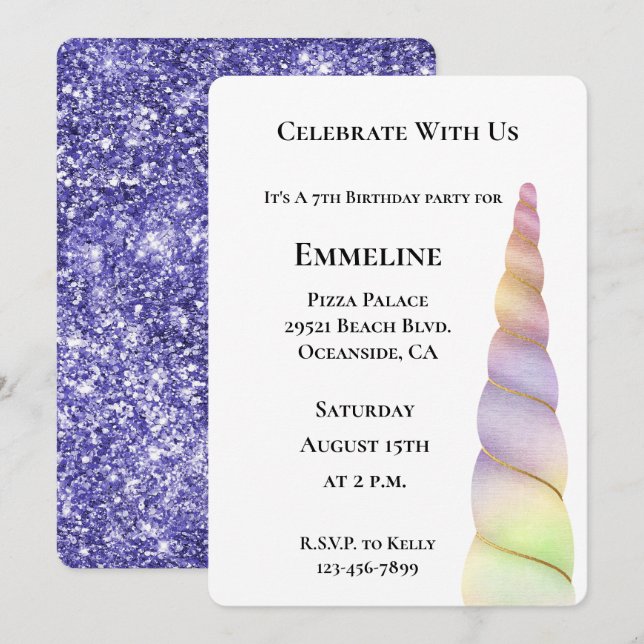 Gold Pink Purple Glitter Lime Unicorn Birthday  Invitation (Front/Back)
