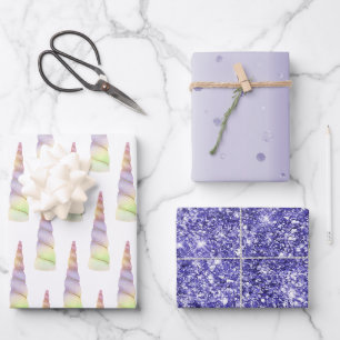 Gold Pink Purple Lime Unicorn Glitter Birthday Wrapping Paper Sheets