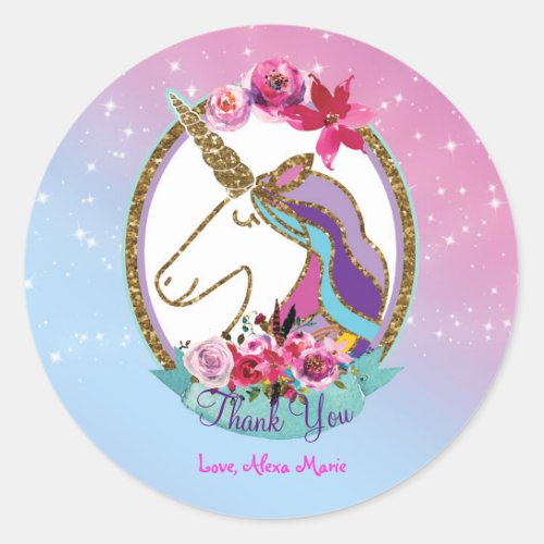 Gold Pink Purple Magical Unicorn Birthday Party Classic Round Sticker