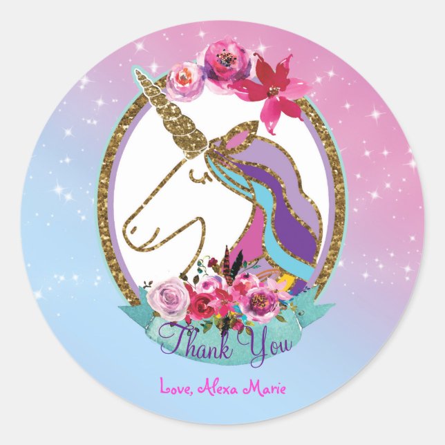 Gold Pink Purple Magical Unicorn Birthday Party Classic Round Sticker (Front)