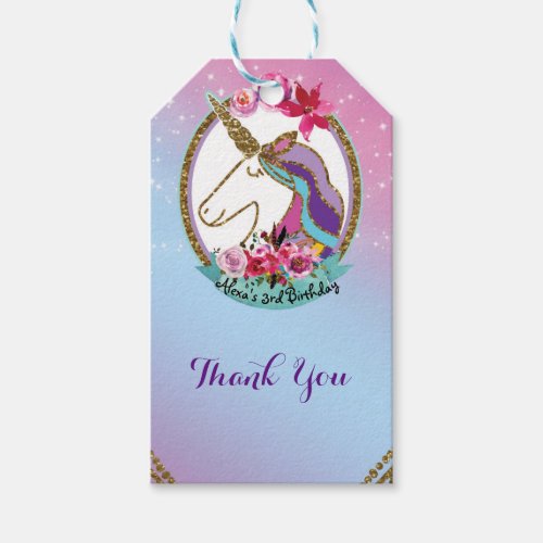 Gold Pink Purple Magical Unicorn Birthday Party Gift Tags