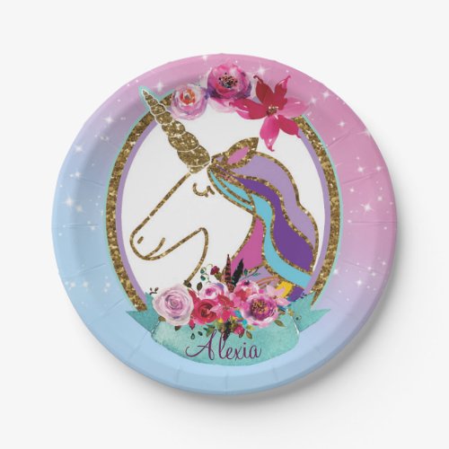 Gold Pink Purple Magical Unicorn Birthday Party Paper Plates