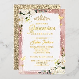Gold Pink Quinceanera Floral Sparkle Tiara Foil Invitation