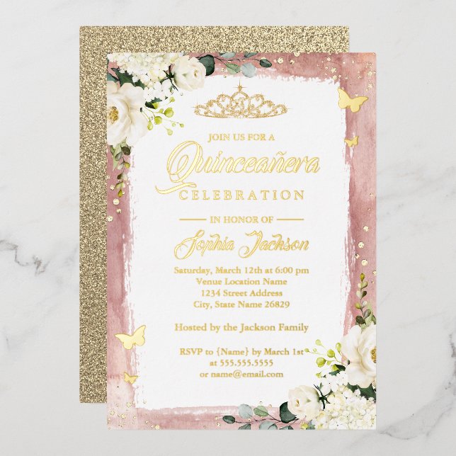 Gold Pink Quinceanera Floral Sparkle Tiara Foil Invitation (Front/Back)