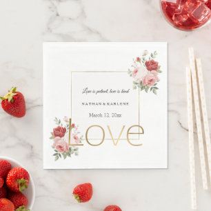 Gold Pink Red Roses Floral Gold Love Wedding Napkins