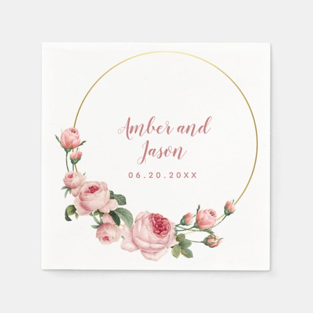 gold pink rose botanical illustration frame custom napkins (Front)