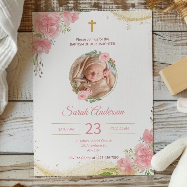 Gold Pink Rose Floral Photo Baptism Christening Invitation (Creator Uploaded)