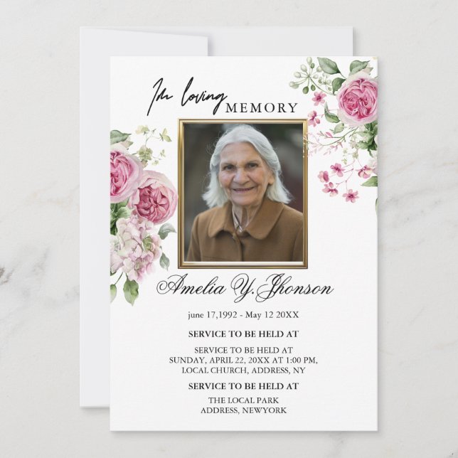 Gold Pink Rose Funeral In Loving Memory, Funeral  Invitation (Front)