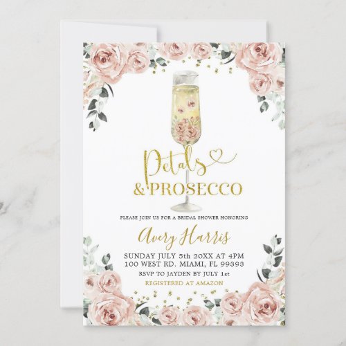 Gold Pink Rose Petals  Prosecco Bridal Shower Invitation