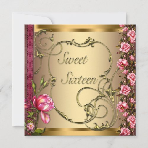 Gold Pink Rose Sweet Sixteen Birthday Party Personalized Invitations
