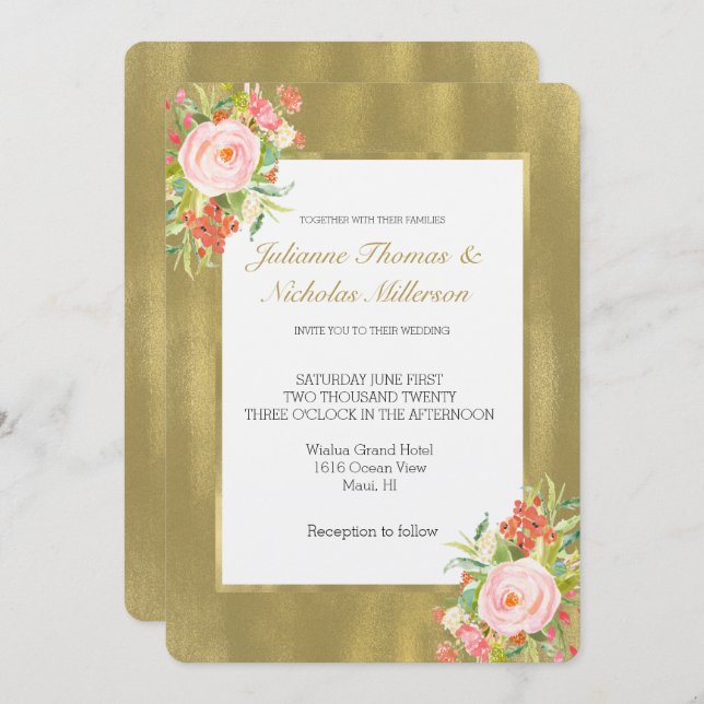 Gold Pink Rose Wedding Invitation (Front/Back)