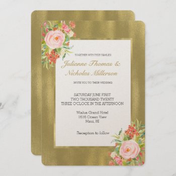 Gold Pink Rose Wedding Invitation by peacefuldreams at Zazzle