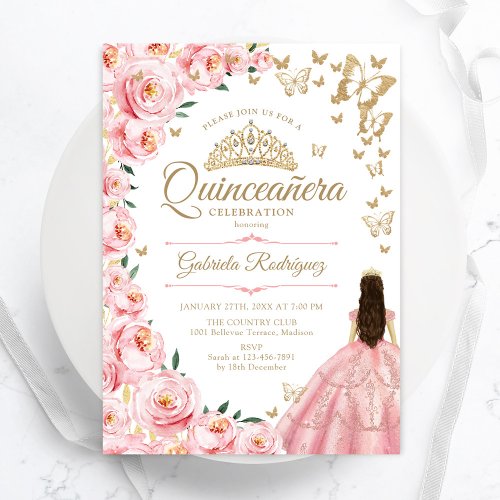 Gold Pink Roses Butterflies Quinceanera Invitation