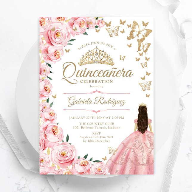 Gold Pink Roses Butterflies Quinceanera Invitation (Creator Uploaded)