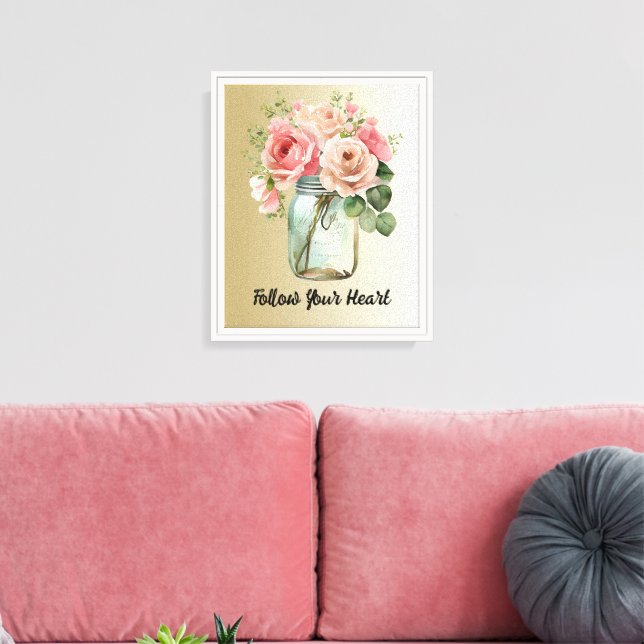 Gold Pink Roses Floral Canvas Print (Insitu(LivingRoom))
