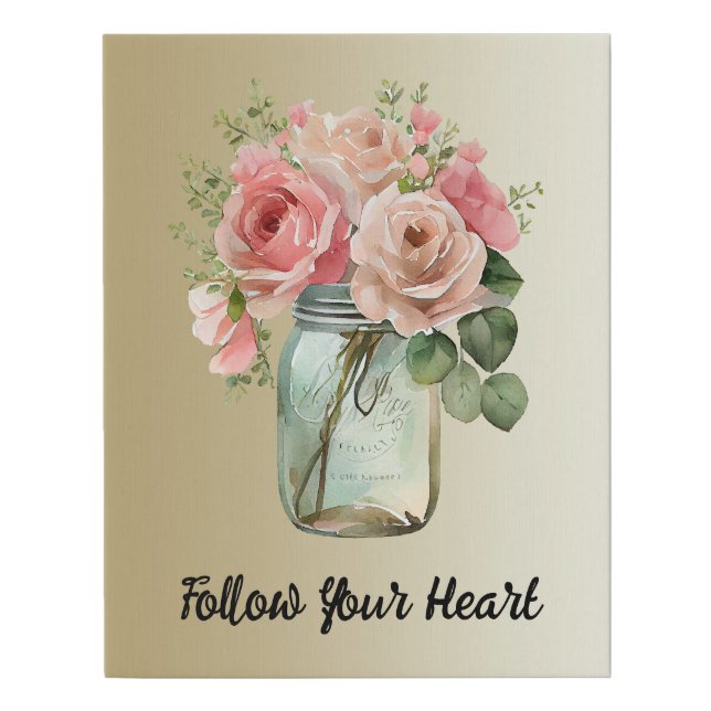 Gold Pink Roses Floral Faux Canvas Print (Front)