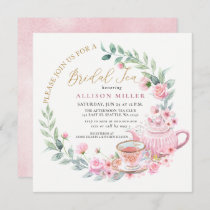 Gold Pink Roses Floral Tea Party Bridal Shower  Invitation