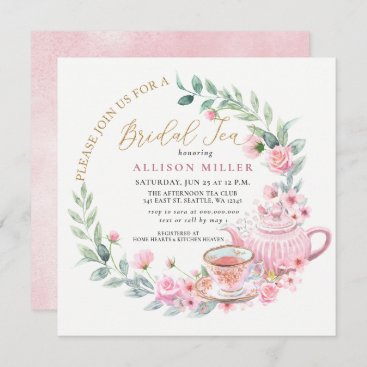 Gold Pink Roses Floral Tea Party Bridal Shower  Invitation
