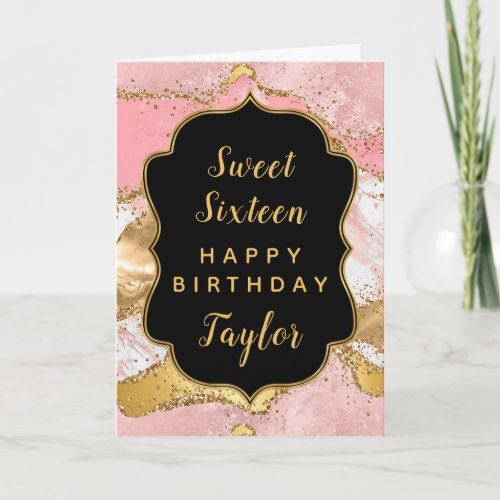 Gold Pink Sequins Agate Sweet 16 Happy Birthday