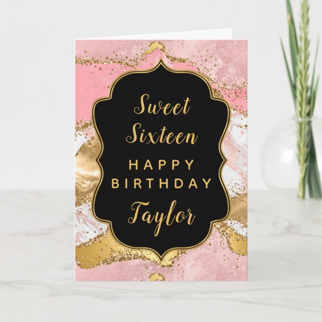 Gold Pink Sequins Agate Sweet 16 Happy Birthday Card (Front)
