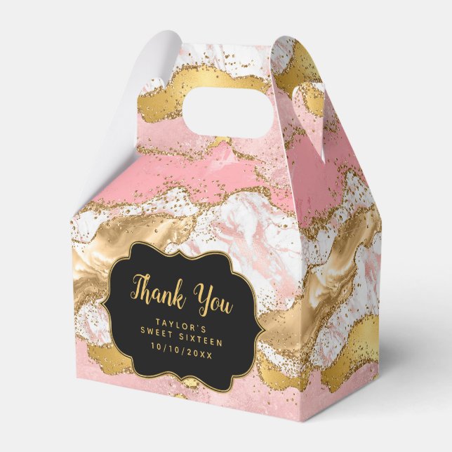 Gold Pink Sequins Agate Sweet Sixteen Thank You Favor Boxes (Front Side)