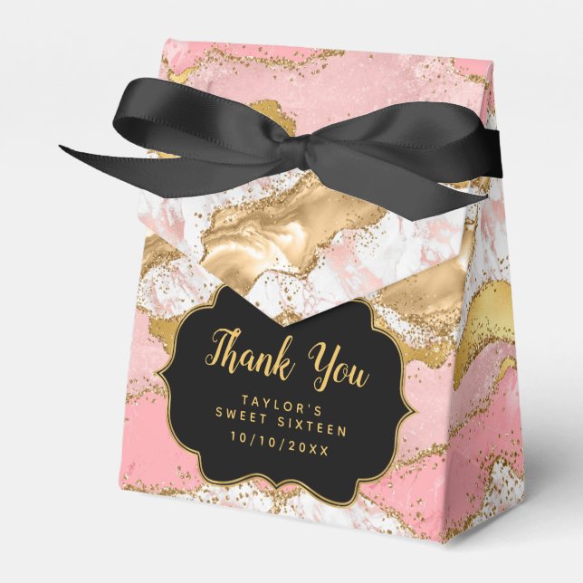 Gold Pink Sequins Agate Sweet Sixteen Thank You Favor Boxes (Front Side)