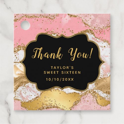 Gold Pink Sequins Agate Sweet Sixteen Thank You Favor Tags