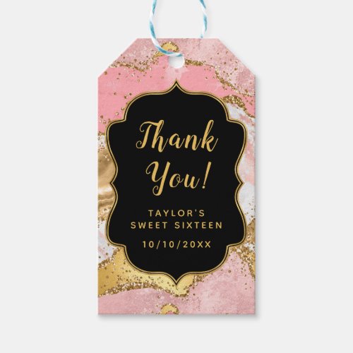 Gold Pink Sequins Agate Sweet Sixteen Thank You Gift Tags