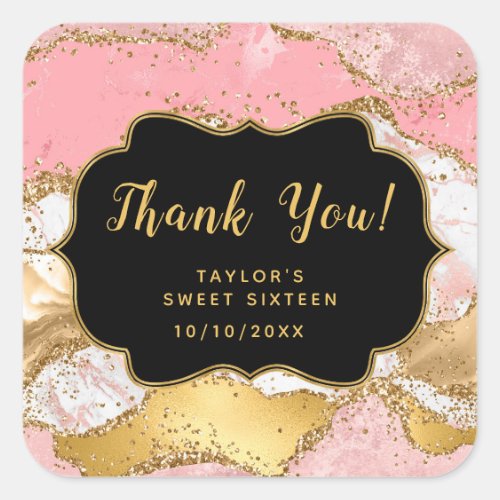 Gold Pink Sequins Agate Sweet Sixteen Thank You Square Sticker