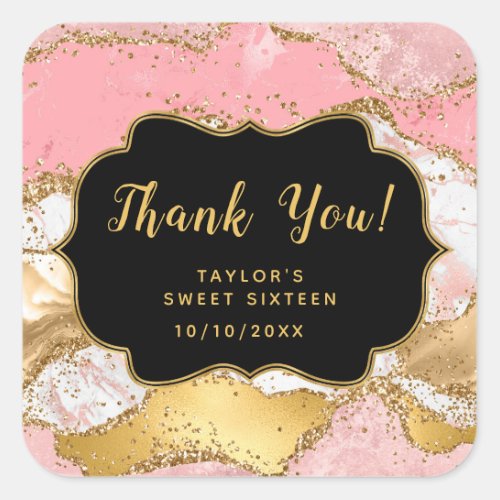 Gold Pink Sequins Agate Sweet Sixteen Thank You Square Sticker